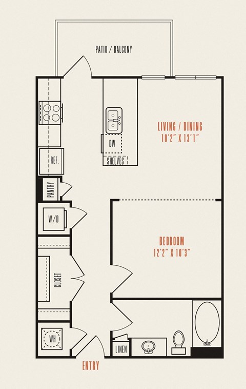 Floor plan for studio, 1 bath, 600 sqft